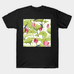 Kingfisher in the Pond sitting on a lotus flower T-Shirt